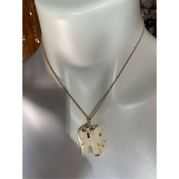 14K Yellow Gold Multi Gemstone Elephant Pendant Necklace 16” Long